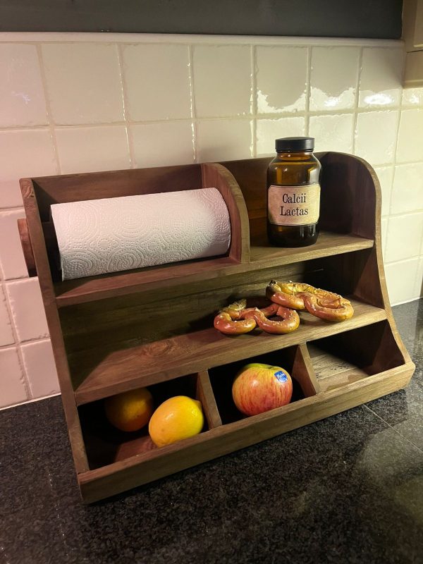 oud houten gruttersbak met keukenrolhouder - Afbeelding 2