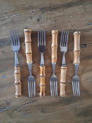 vintage 6 vorken met bamboe handvat